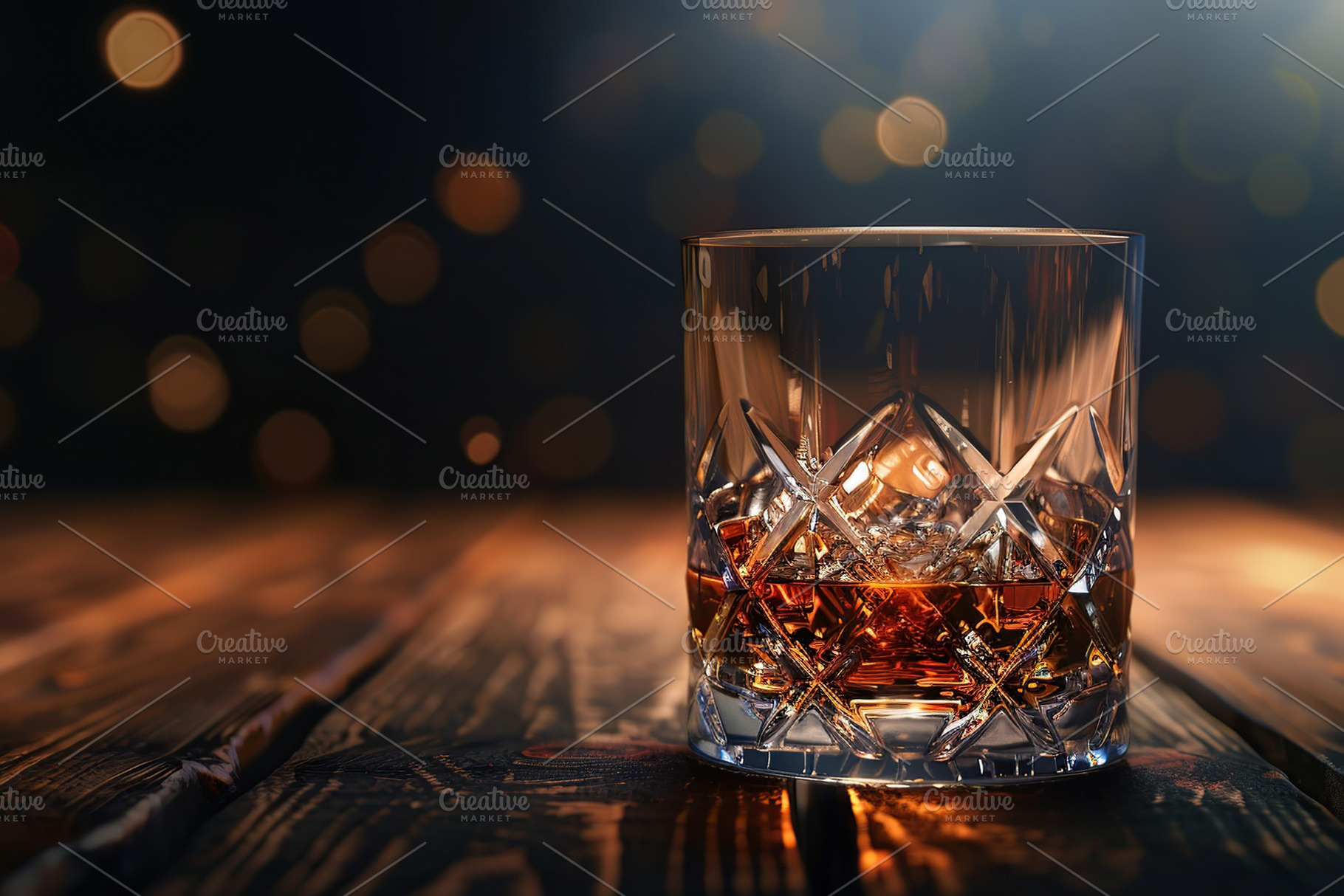 Glass of scotch whiskey and ice on wooden table, a Food & Drink Photo by AlyaAnd