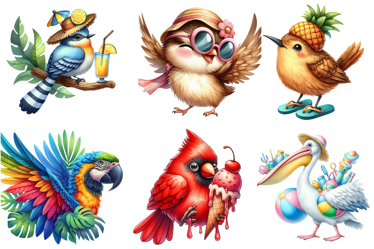 Quirky Whimsical Summer Bird Clipart, an Illustration by Watercolor design (Photo 4 of 4)