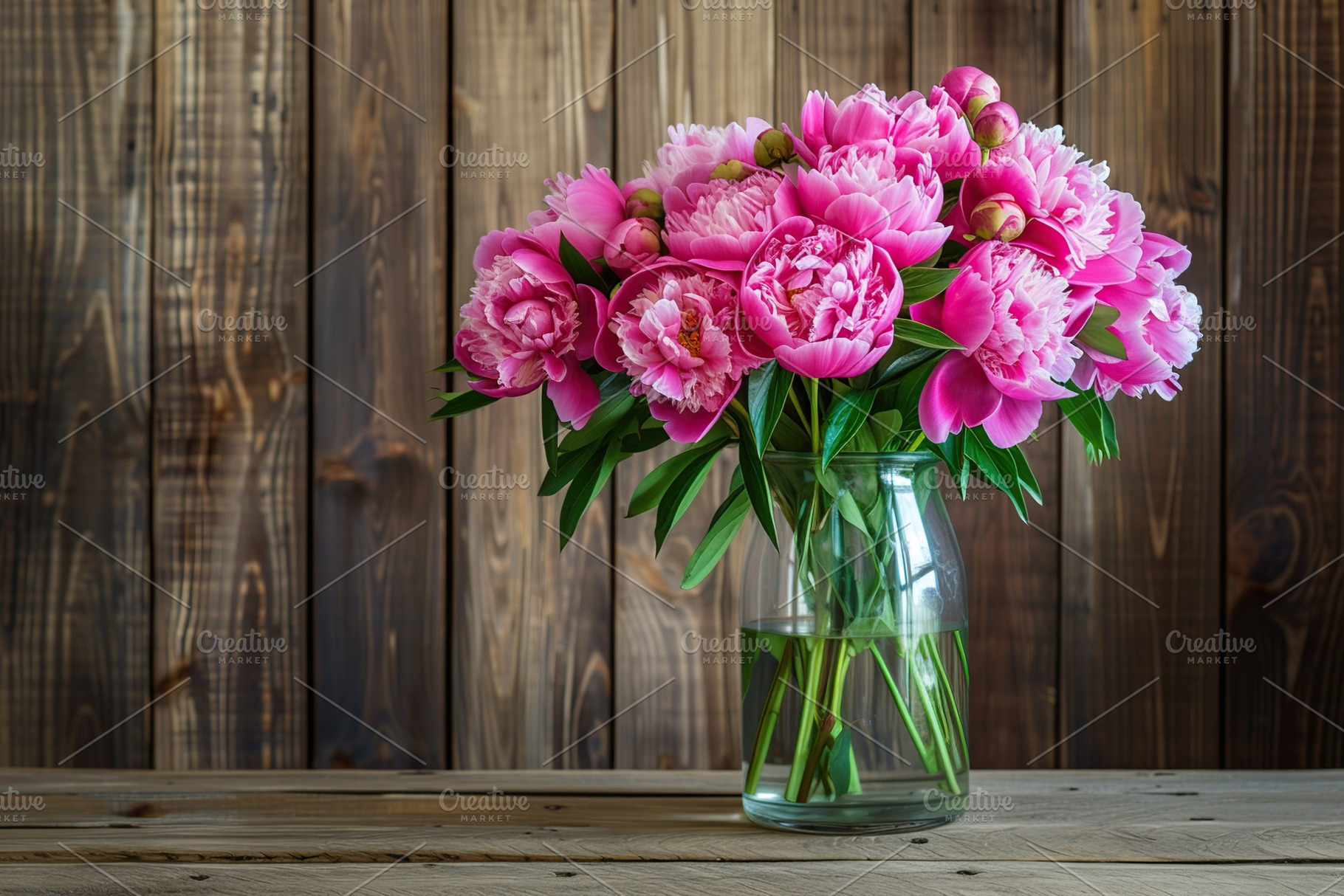 Fresh bouquet of peony flowers in vase on wooden background, a Nature Photo by AlyaAnd