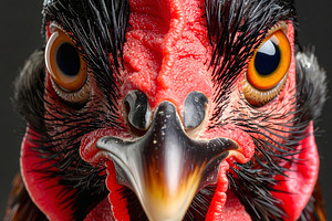 Chicken close portrait emphasizing beak details and fiery gaze, an Animal Photo by GoodGoods