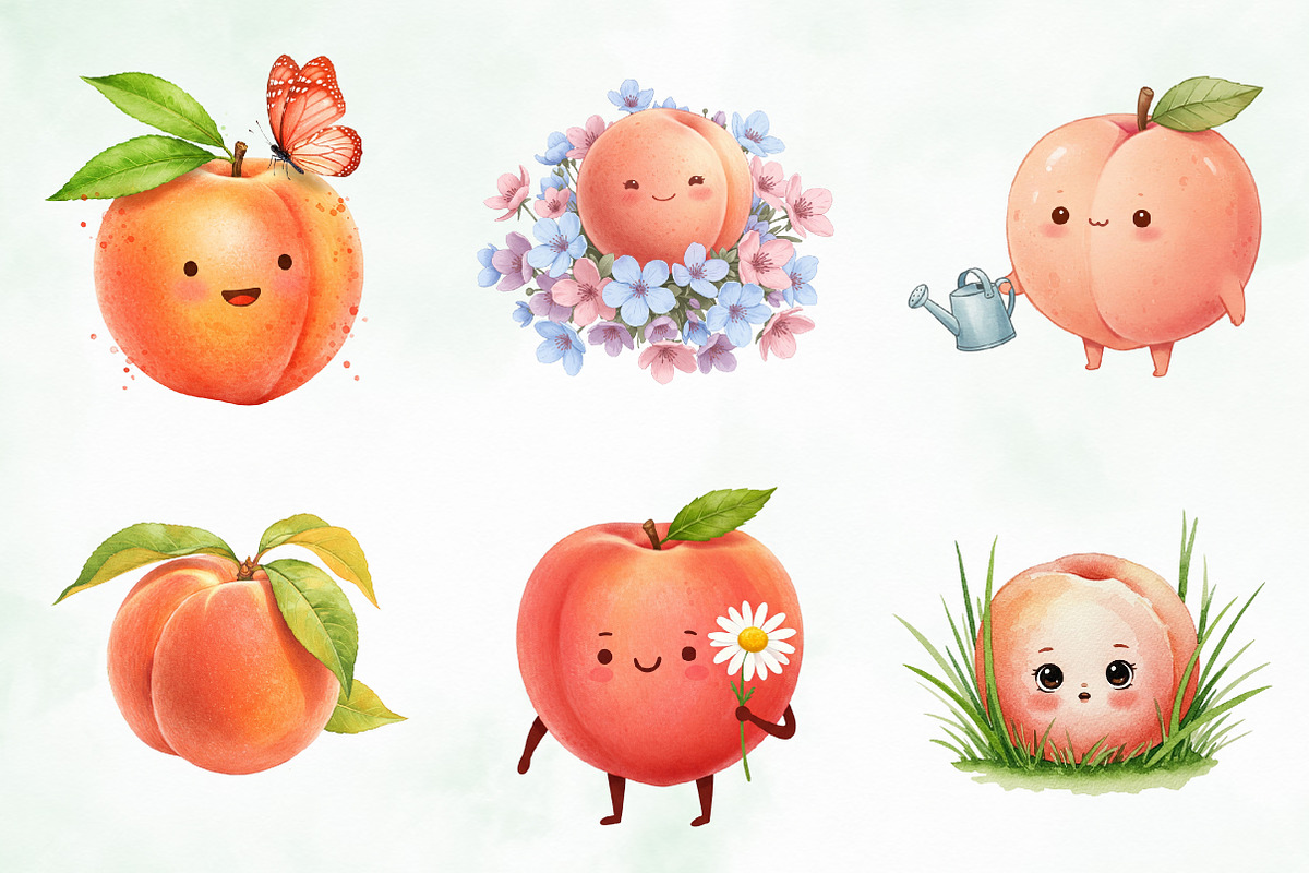 Watercolor Cute Peaches Garden Fruit, an Illustration by Creative Art (Photo 5 of 10)