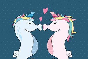 Unicorn Seahorses Kissing With Heart