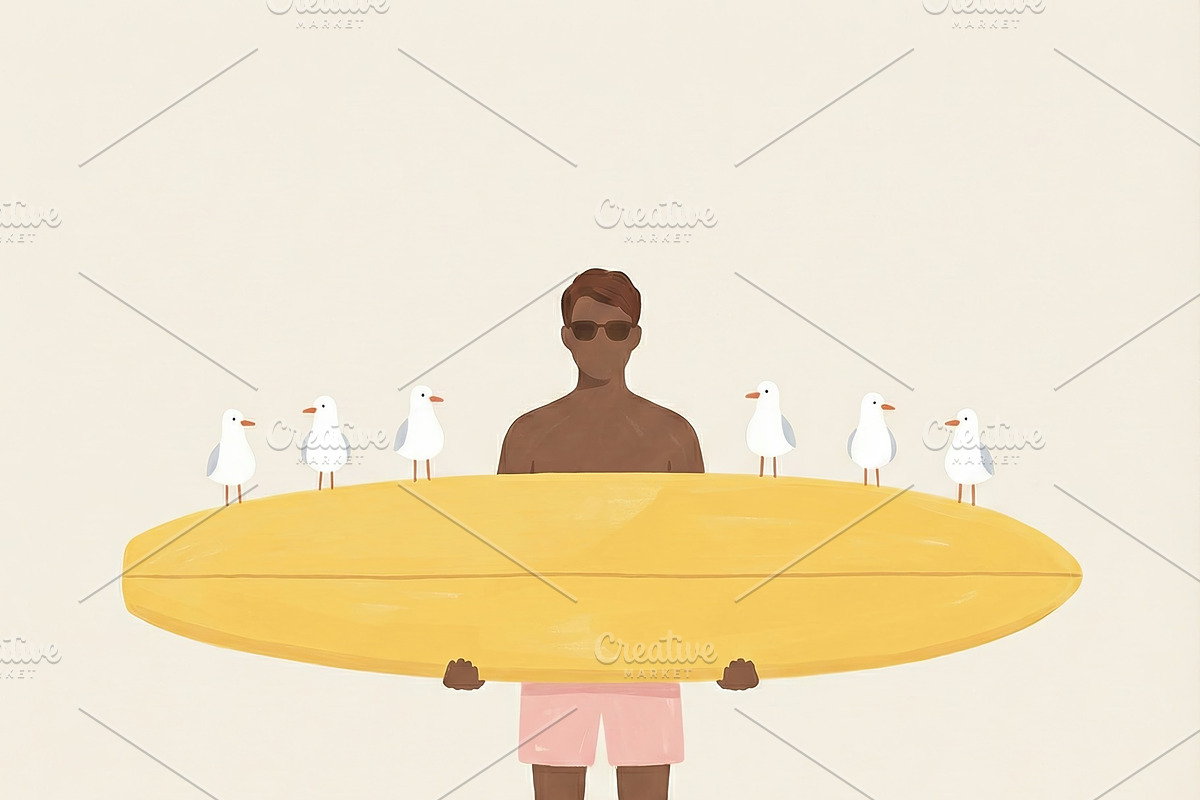 Man with Surfboard and Seagulls, a Decorative Illustration by Virgo Studio