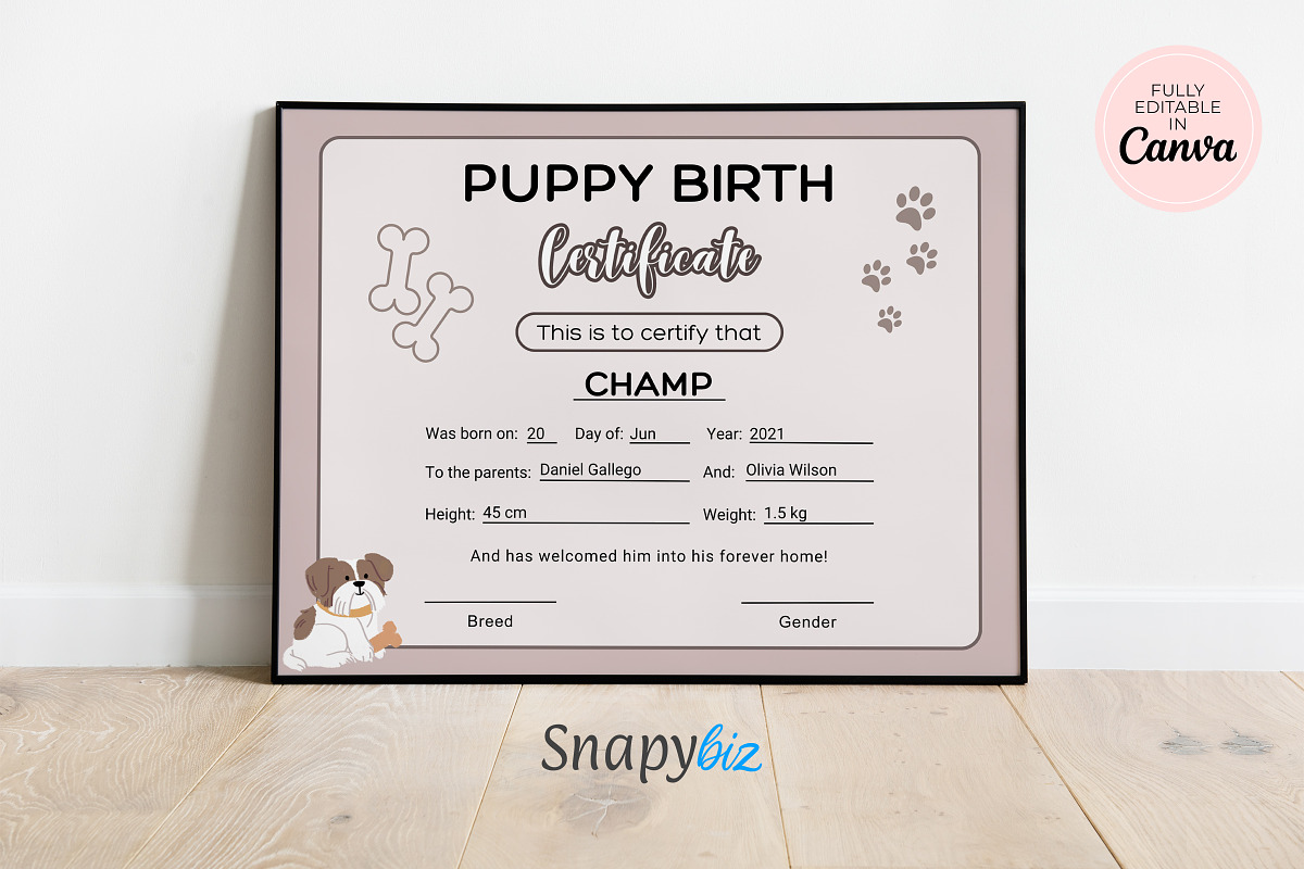 Editable Puppy Birth Certificate, a Print Template by Snapybiz (Photo 4 of 11)