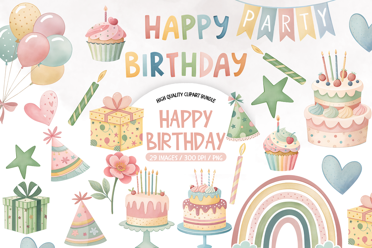 Pastel Birthday Clipart, an Object Illustration by TatiMockup (Photo 1 of 4)