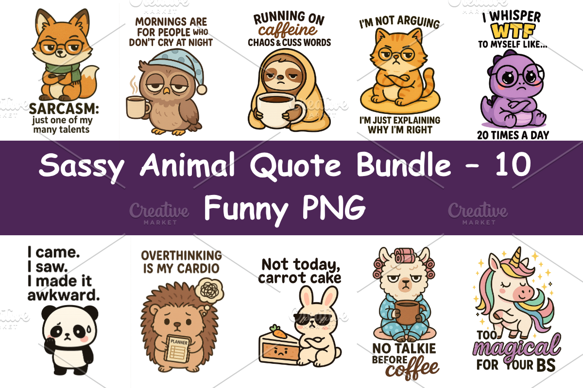 Sassy Animal Quote Bundle – 10 PNG, an Animal Illustration by Smillyy Threads (Photo 1 of 13)