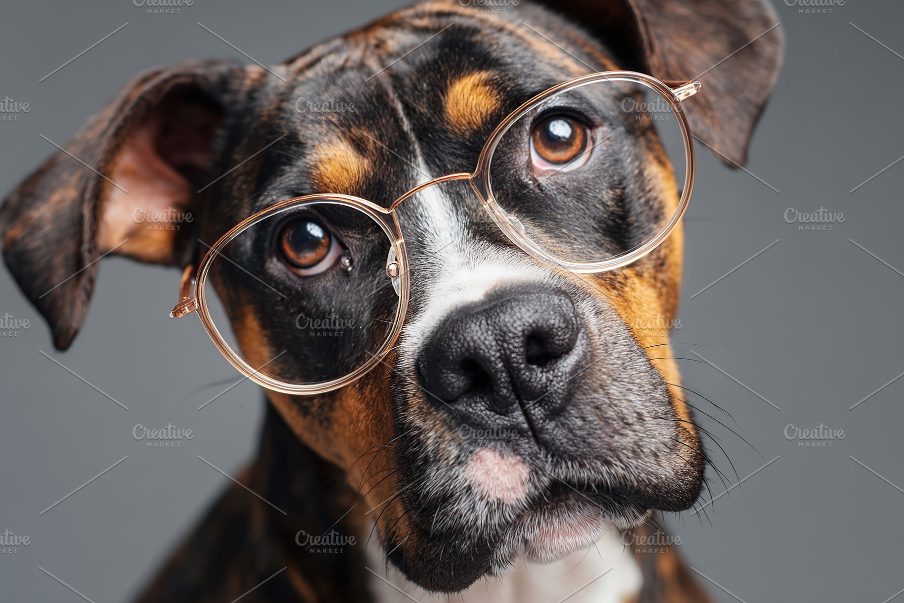 Dog wearing glasses poses for a close-up portrait with a curious expression, an Animal Photo by AlyaAnd