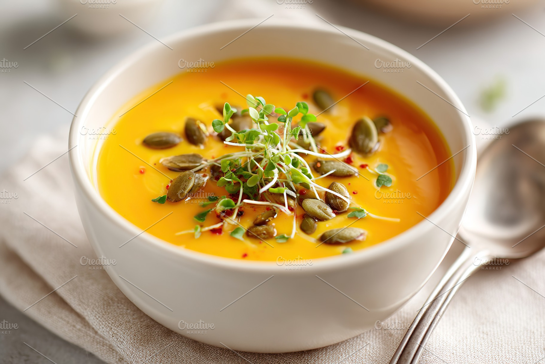 Creamy pumpkin soup garnished with herbs and seeds in a cozy kitchen setting, a Food & Drink Photo by AlyaAnd