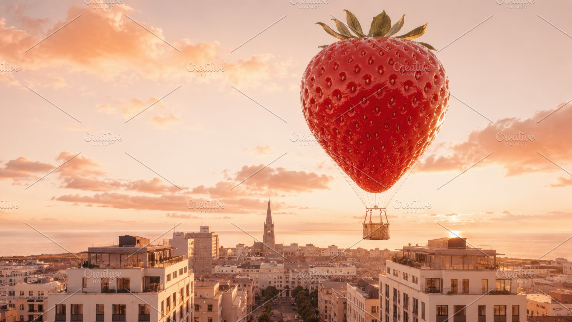 Strawberry balloon flies city, a Photo by Beautiful things