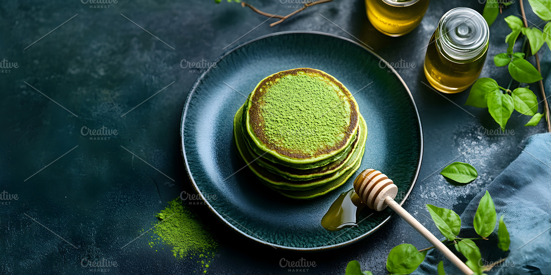Matcha pancakes with honey on dark background, a Food & Drink Photo by Photostock