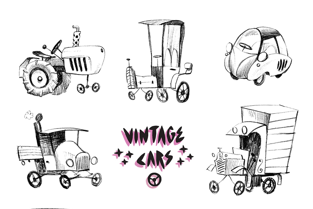 Sketchy vintage cars set, an Illustration by RasterBird (Photo 4 of 4)