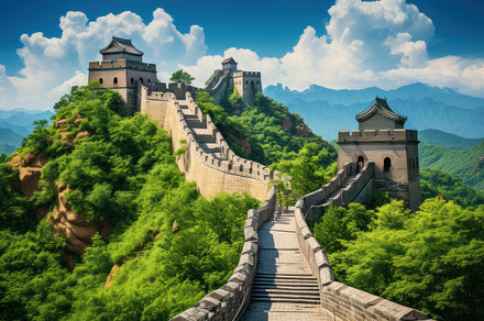 Scenic View of the Great Wall of China with Lush Greenery and Striking Blue Sky, a Photo by AS photostudio