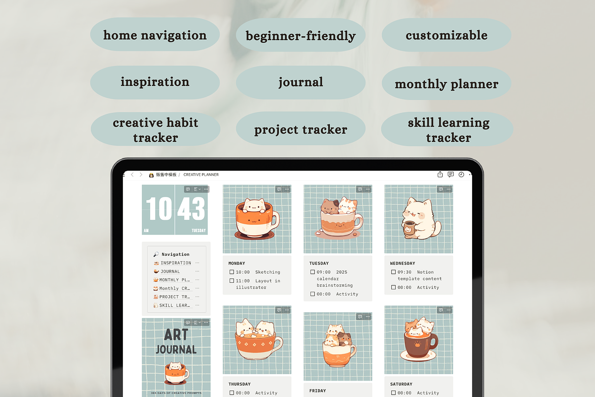 Cat Notion planner for creatives, a Design Template by Petite Zakka Boutique (Photo 2 of 9)