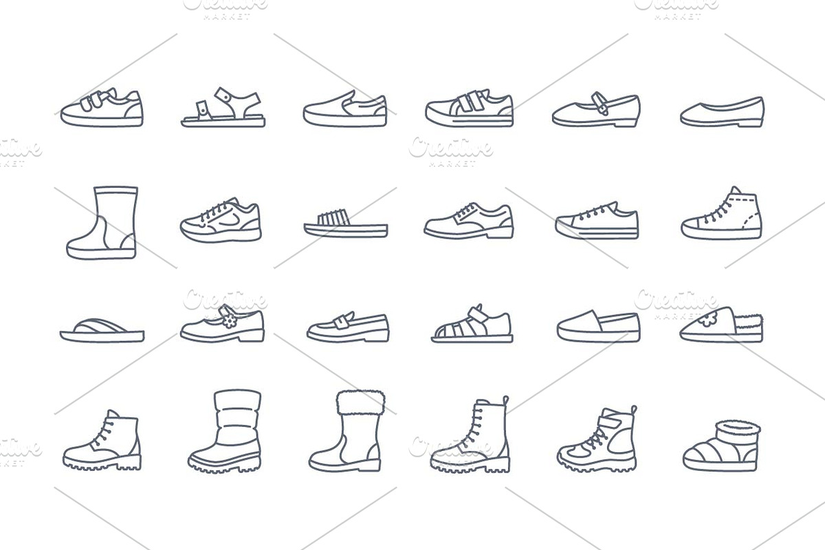 Kids Shoes Boots Sandals Line Icons, an Outline Icon by Vectorikart