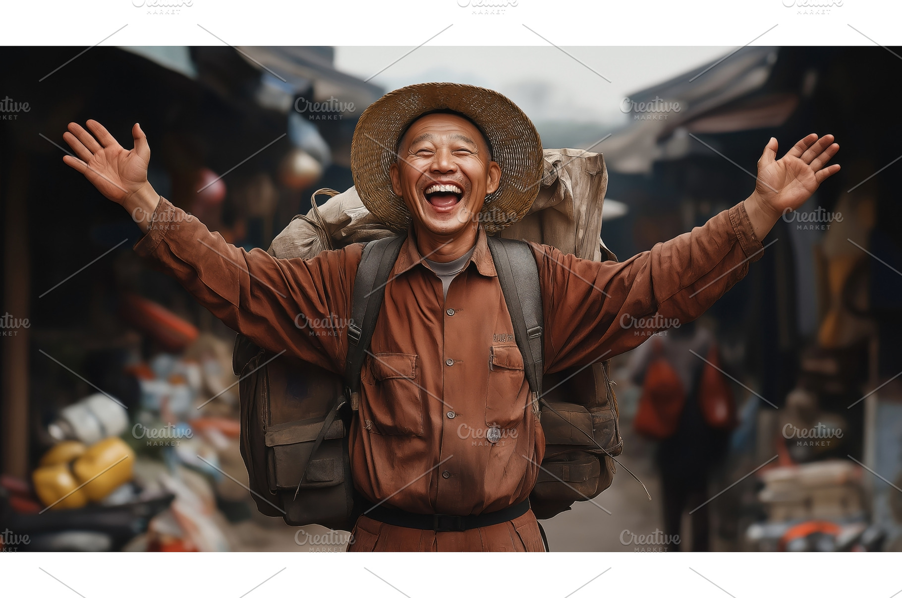 Elderly Asian man with a backpack, a Nature Photo by Sergey Kotenev