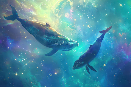 Two majestic whales swimming in a fantastical cosmic ocean with vibrant colors, a Nature Photo by Mashimara