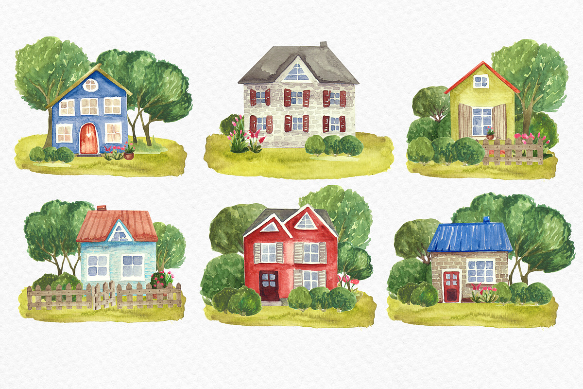 Watercolor country houses, a Decorative Illustration by Julia Bogdan (Photo 2 of 4)