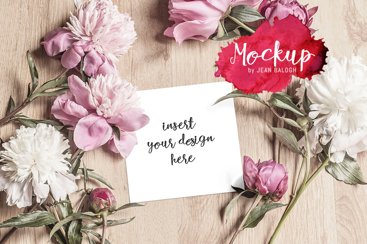 Square Card Mockup With Peonies, a Presentation Template by Jean Balogh