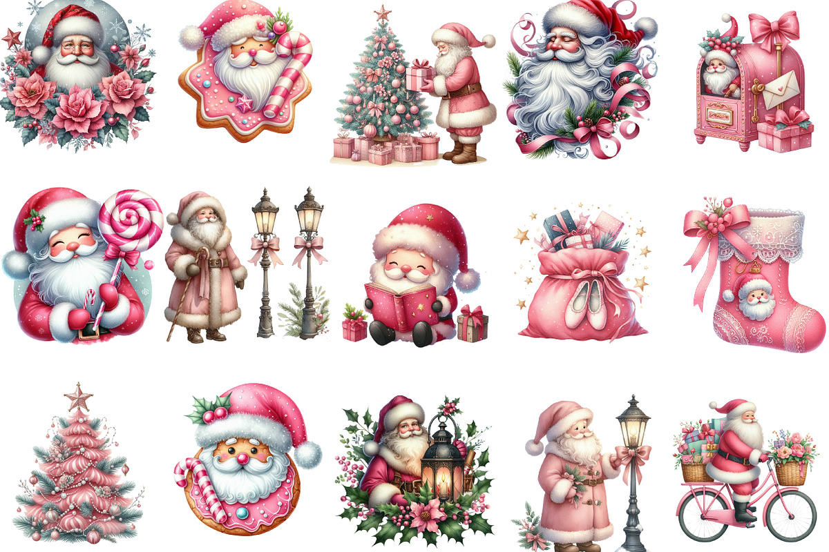 Vintage Pink Christmas Santa Clipart, an Illustration by Designking (Photo 3 of 5)