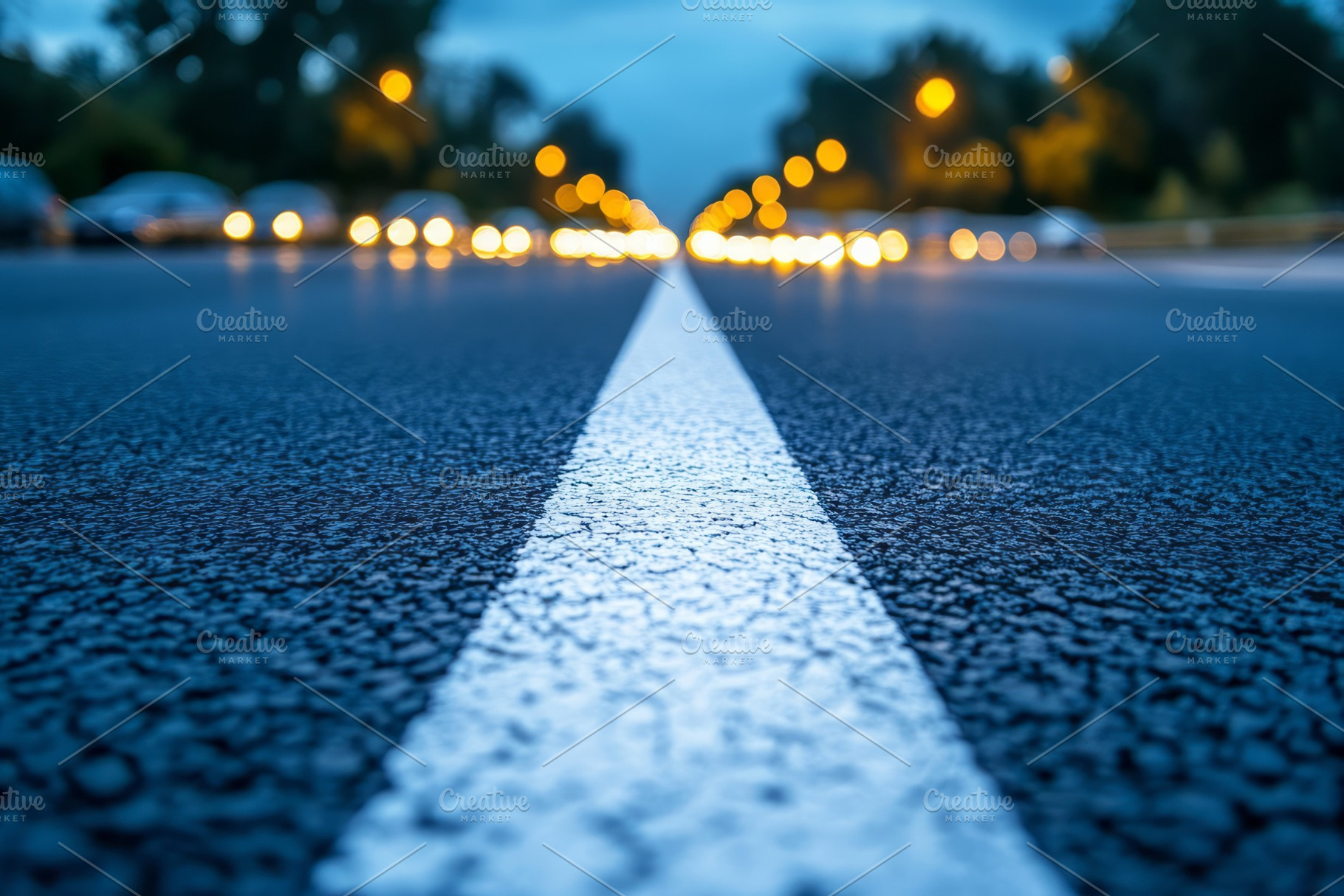 A low-angle view of a city road at twilight, with blurred headlights creating a, a Background Photo by ImageMir