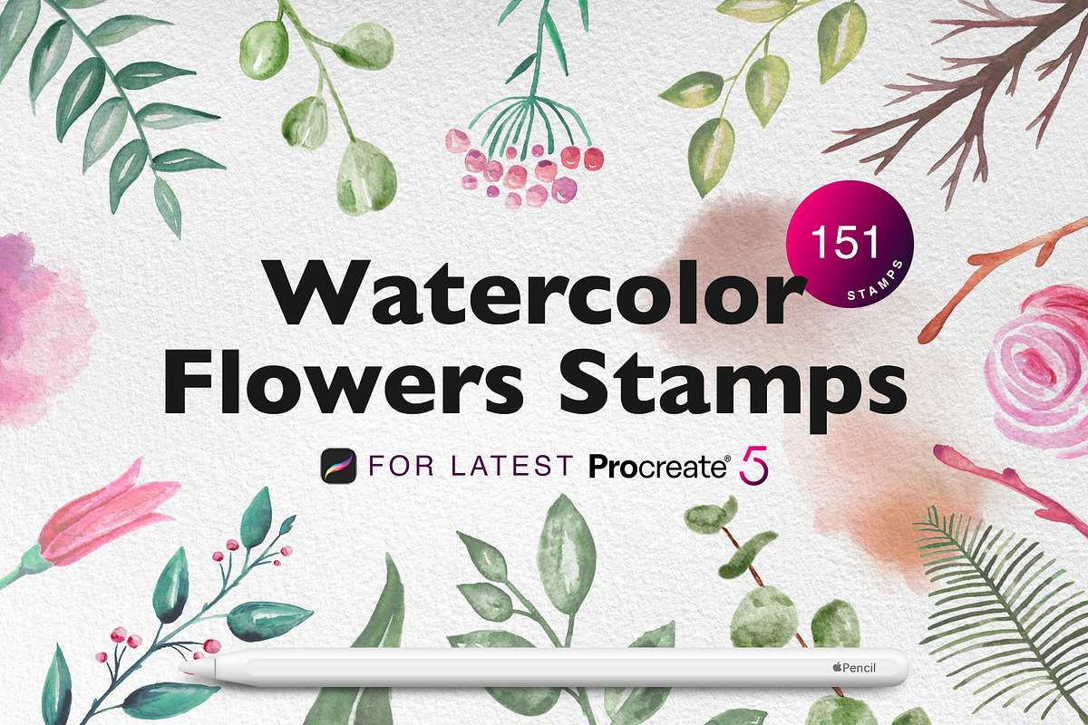 Procreate Watercolor Flowers Stamps, a Brush Add-On by RadekBroz (Photo 1 of 8)