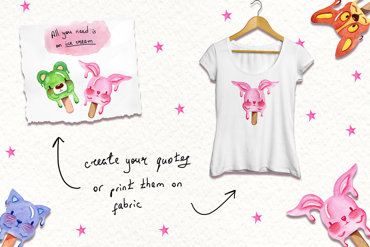 Watercolor Ice Cream Animals, an Illustration by TanataDesign (Photo 3 of 4)