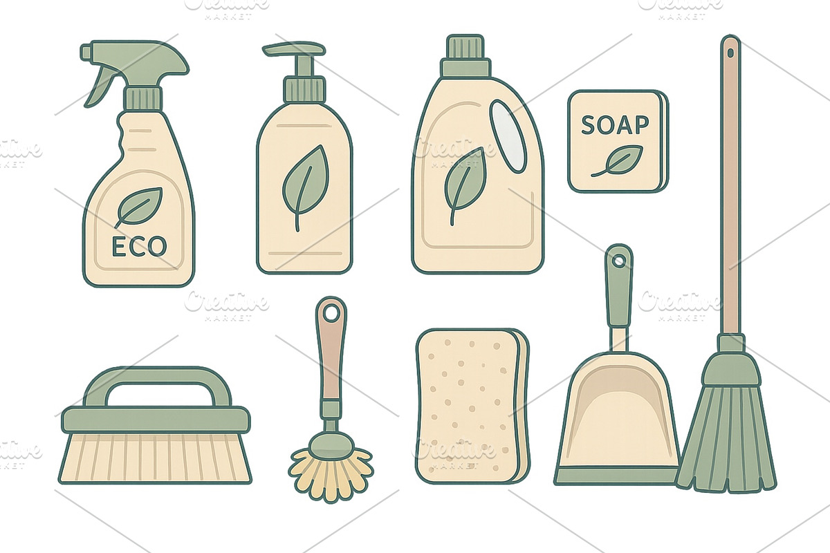 Cleaning supplies arranged neatly on, an Object Illustration by ZinetroN