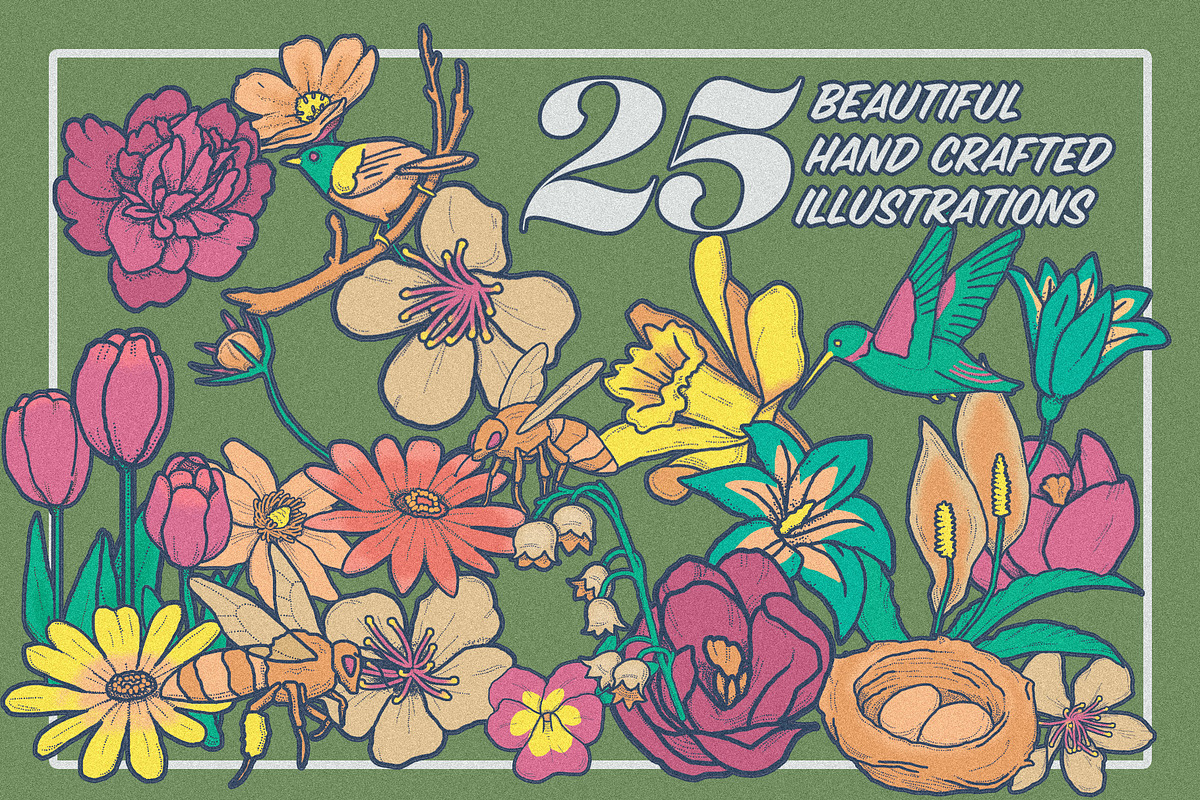 Retro Spring Flowers Bundle, an Animal Illustration by Phosphorus Design Co. (Photo 2 of 8)