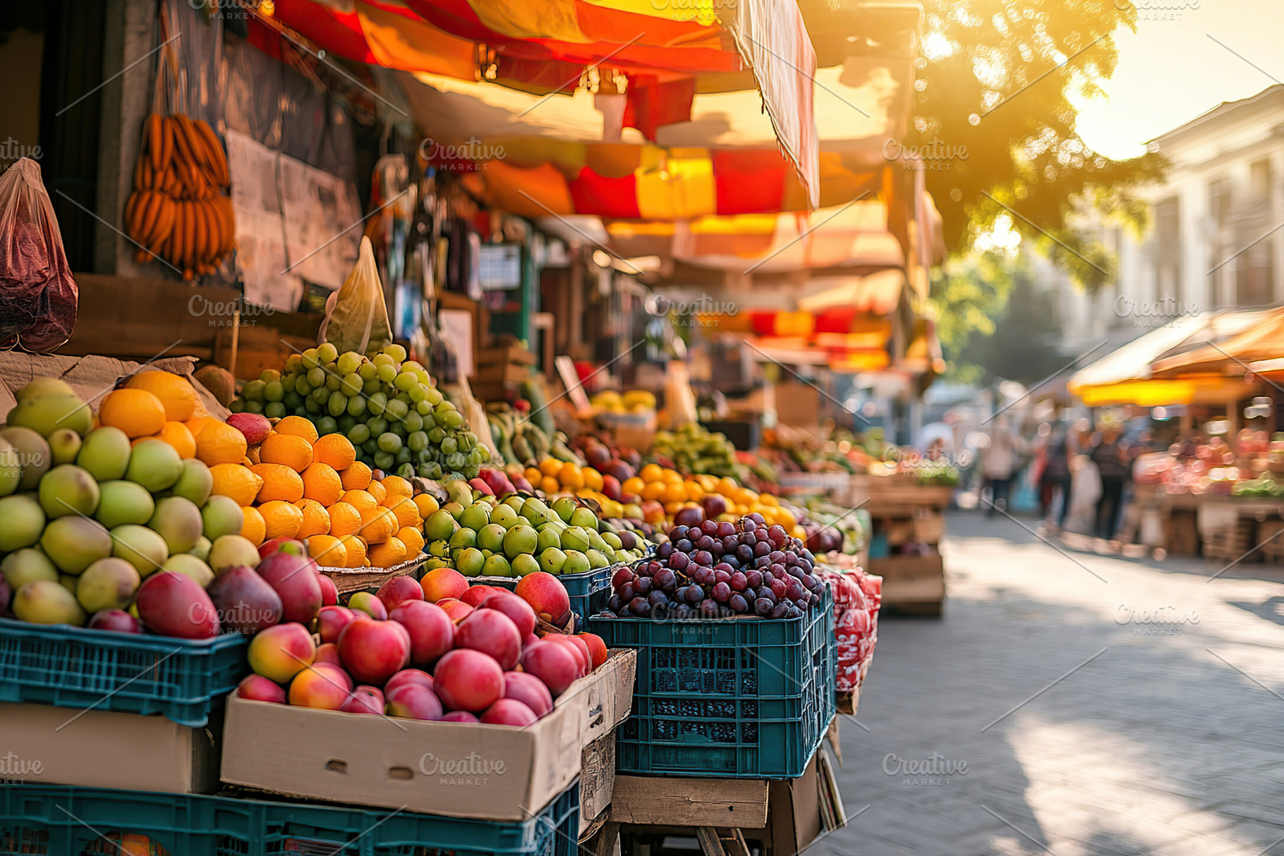 Vibrant summer market featuring ripe fruits and colorful fabric, a Food & Drink Photo by AlyaAnd