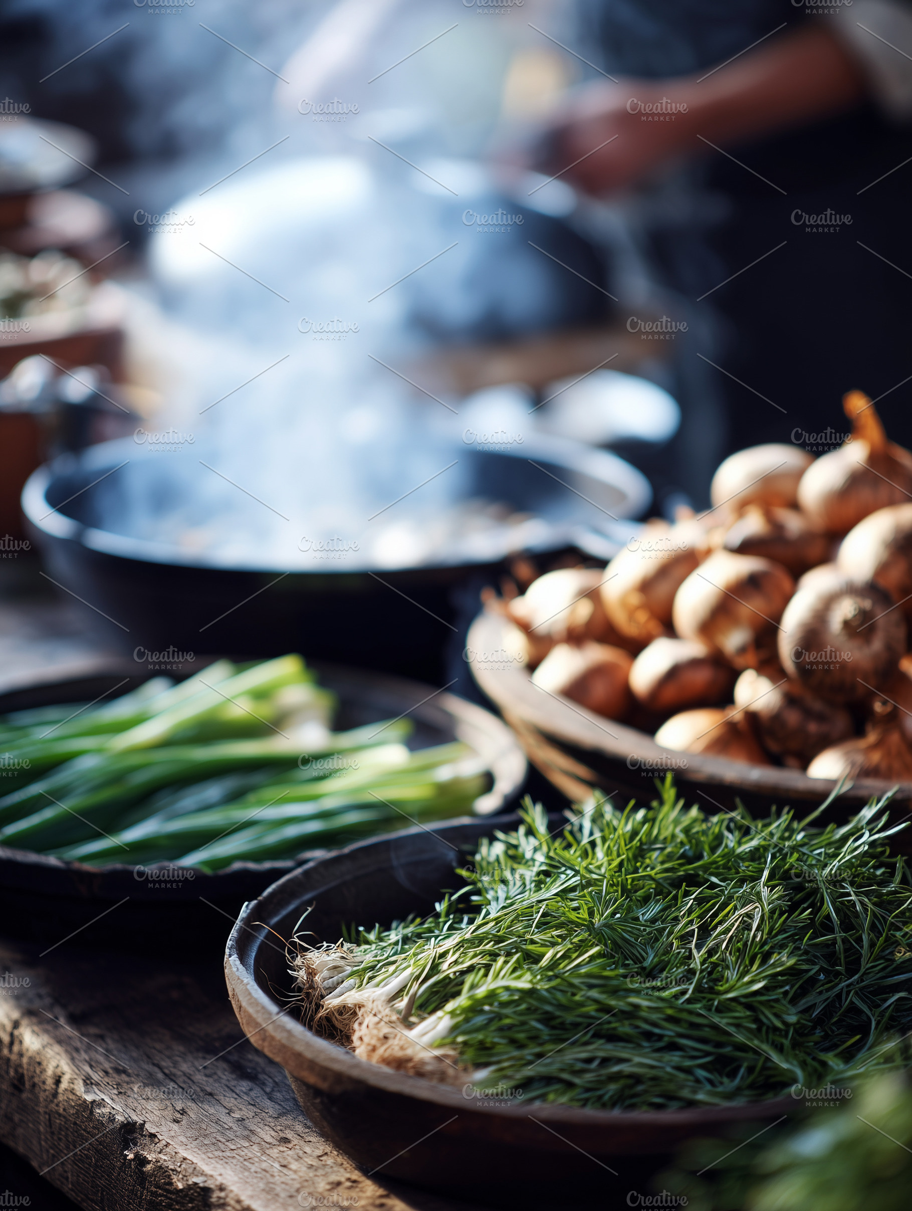 Rustic kitchen scene with fresh, a Food & Drink Photo by MistyDay