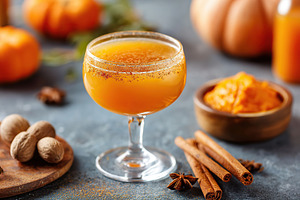 Seasonal pumpkin cocktail garnished with spices on a rustic table in autumn set, a Food & Drink Photo by AlyaAnd