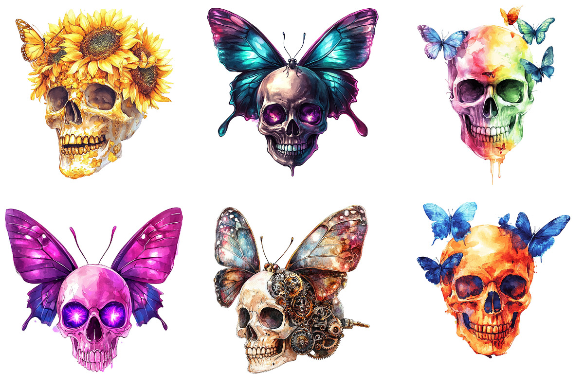 Colorful Skull & Butterfly Clipart, an Illustration by DreamArtGraphic (Photo 4 of 4)