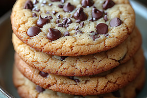 Delicious brown chocolate chip cookies stacked on a ceramic plate await a sweet, a Food & Drink Photo by AlyaAnd