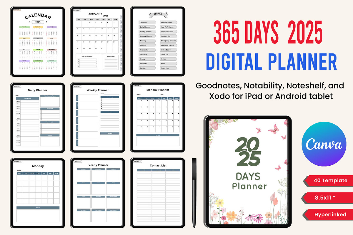 2025 Digital Planner 365 Days Canva, a Stationery Template by Designmela01 (Photo 1 of 8)