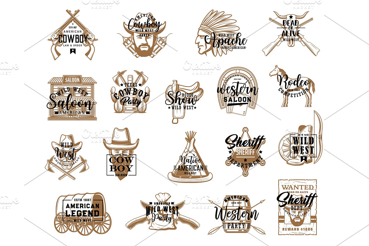 Western symbols. Wild west icons, a Person Illustration by Vector Tradition