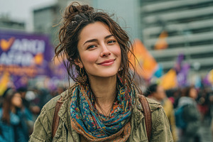 Smiling young woman activist at peaceful protest wearing scarf a, a Person Photo by José Manuel Gelpi
