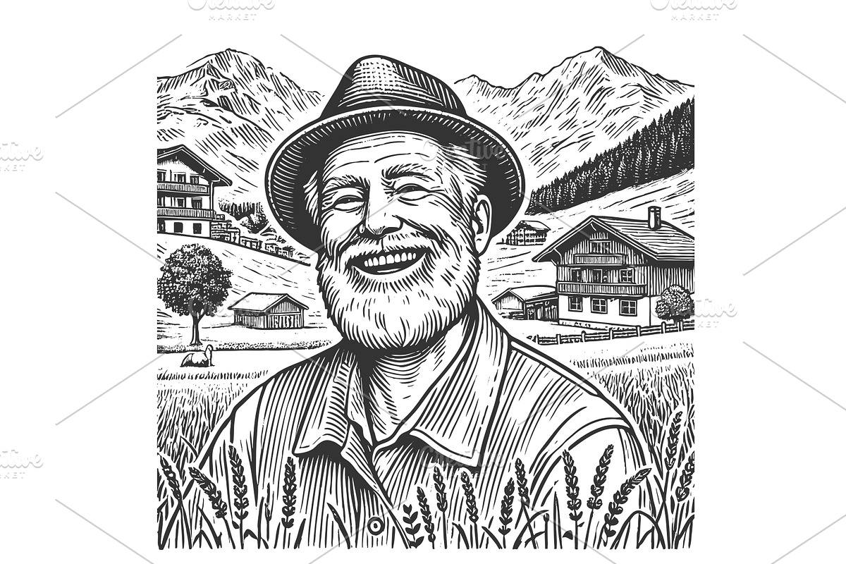 Old Bearded Man in Nature engraving, a Person Illustration by AlexArt