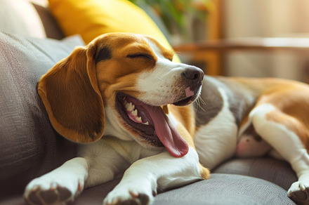 Cozy Beagle Enjoying a Relaxing Yawn on a Comfy Sofa - Generativ, an Animal Photo by José Manuel Gelpi