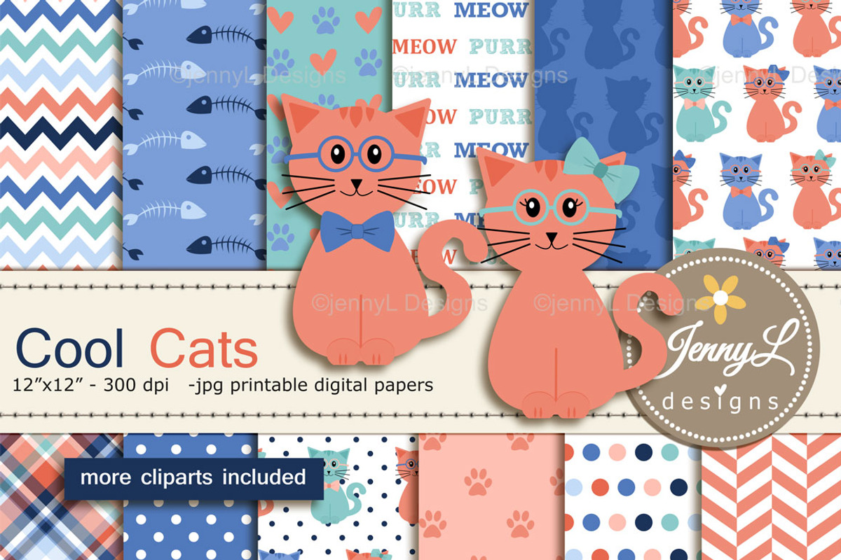 Cat Digital Papers & Cliparts, a Pattern Graphic by JennyL Designs (Photo 1 of 6)