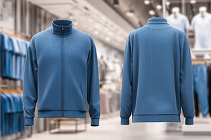 A blue zip-up jacket sports suit mockup in a clothing store. The jacket feature, a Hoody Mockup by Textures & Backgrounds