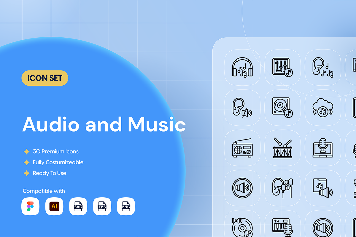 Audio and Music Icon Set, an Outline Icon by Nathaya Studio (Photo 1 of 2)