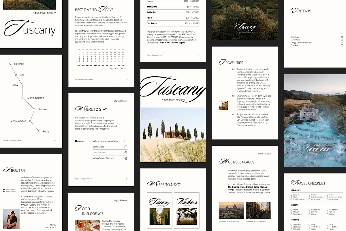 Tuscany Travel guide template. Canva preview 3