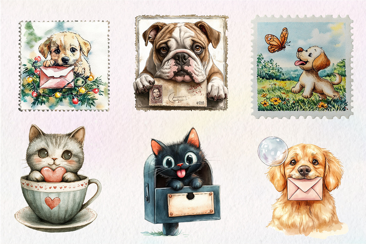 Funny Dog and Cat Postage Stamps, an Illustration by CreationArt (Photo 3 of 9)