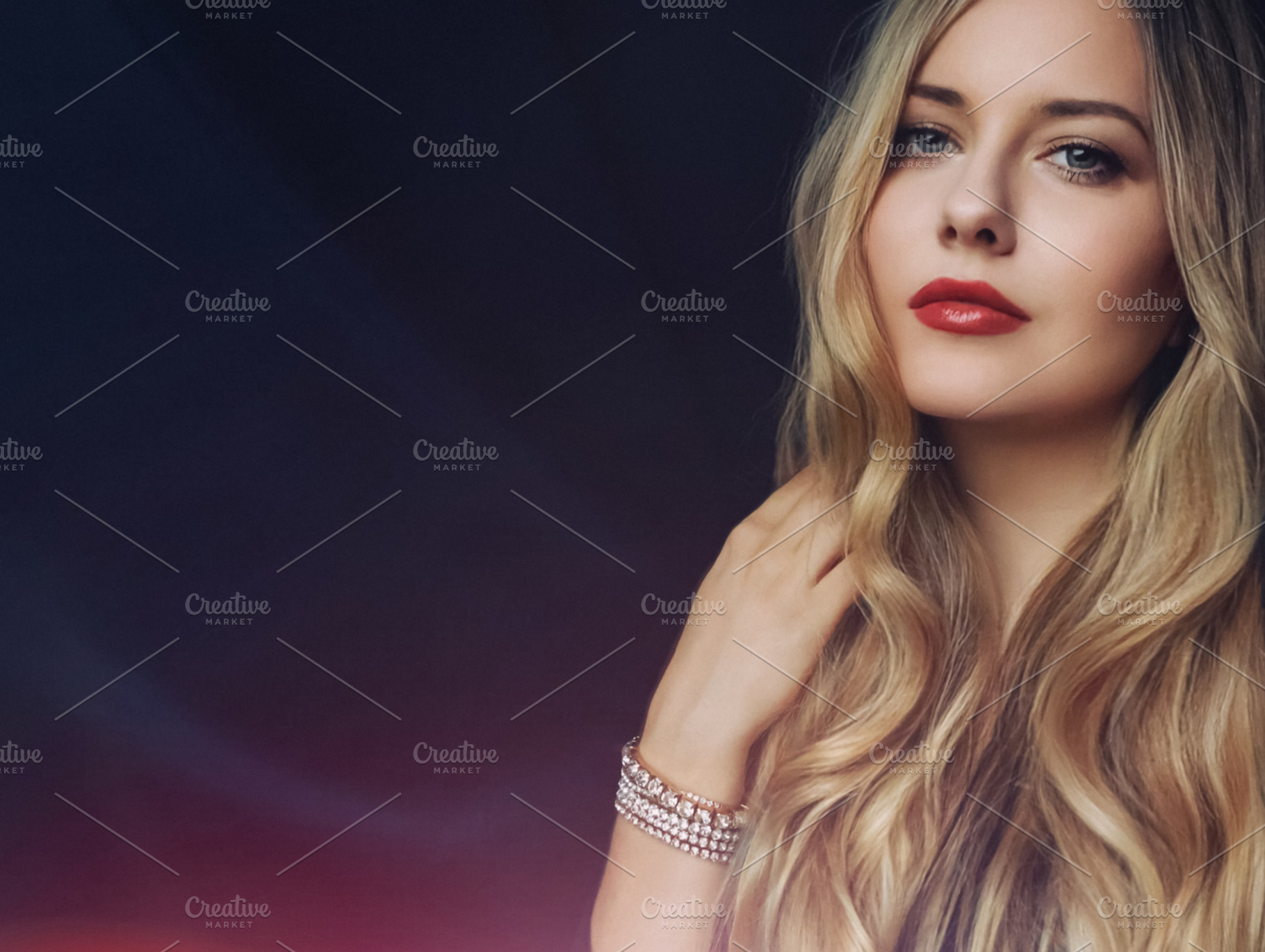 Elegant woman with blonde wavy hair and vibrant red lipstick wea, a Person Photo by Studio ANNA