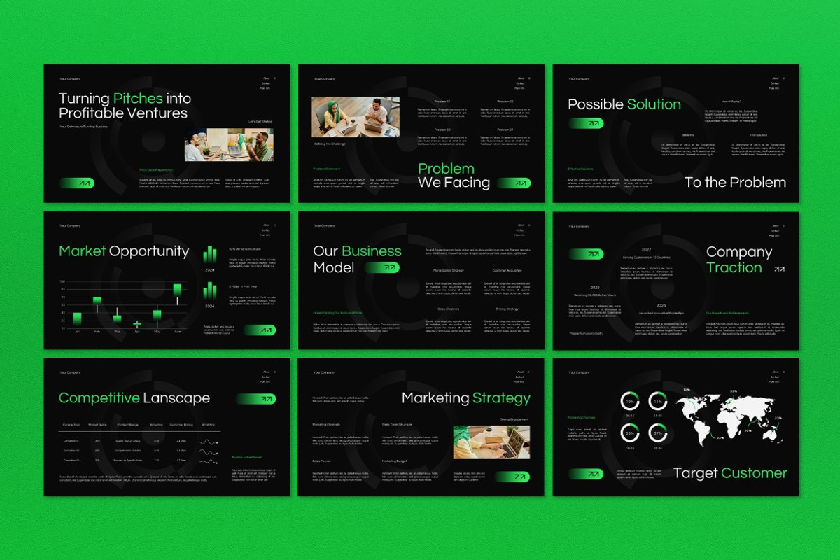 Black Green Modern Pitch Deck PPT, a Presentation Template by graphicook