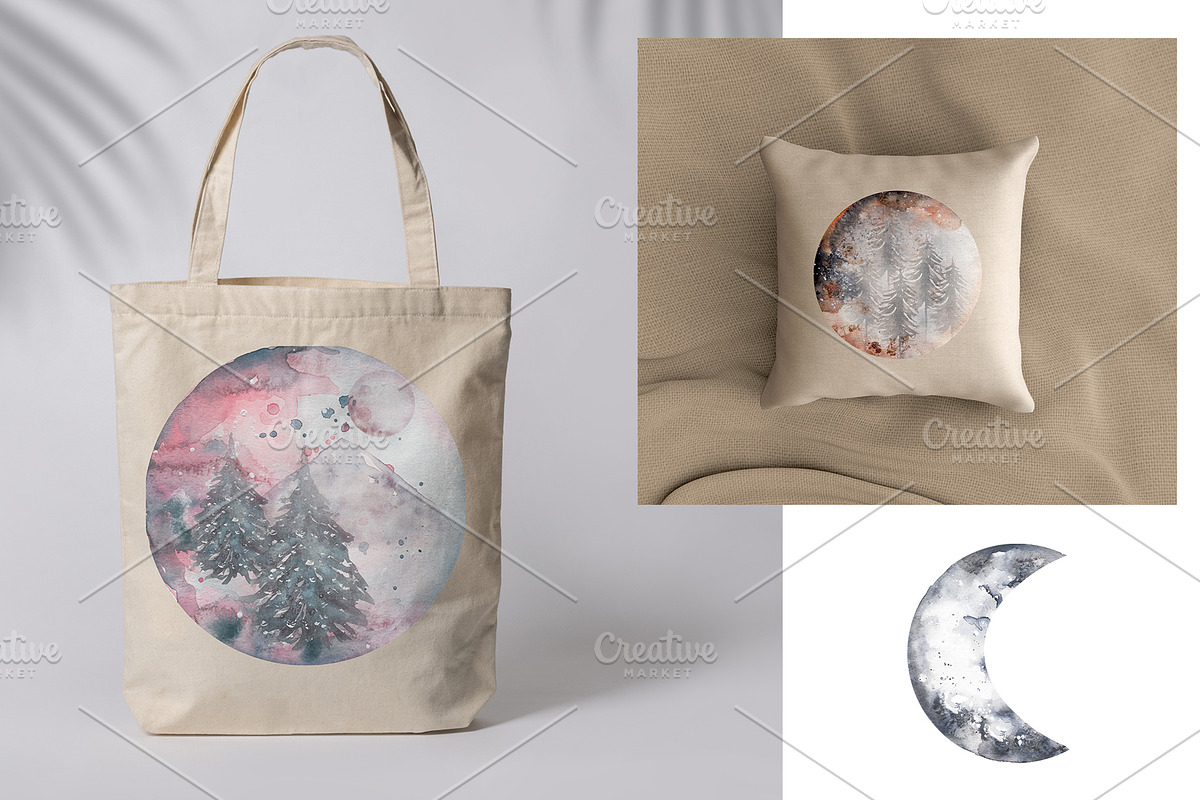 Watercolor Forest Moon Set, a Decorative Illustration by MayaNavits (Photo 4 of 4)