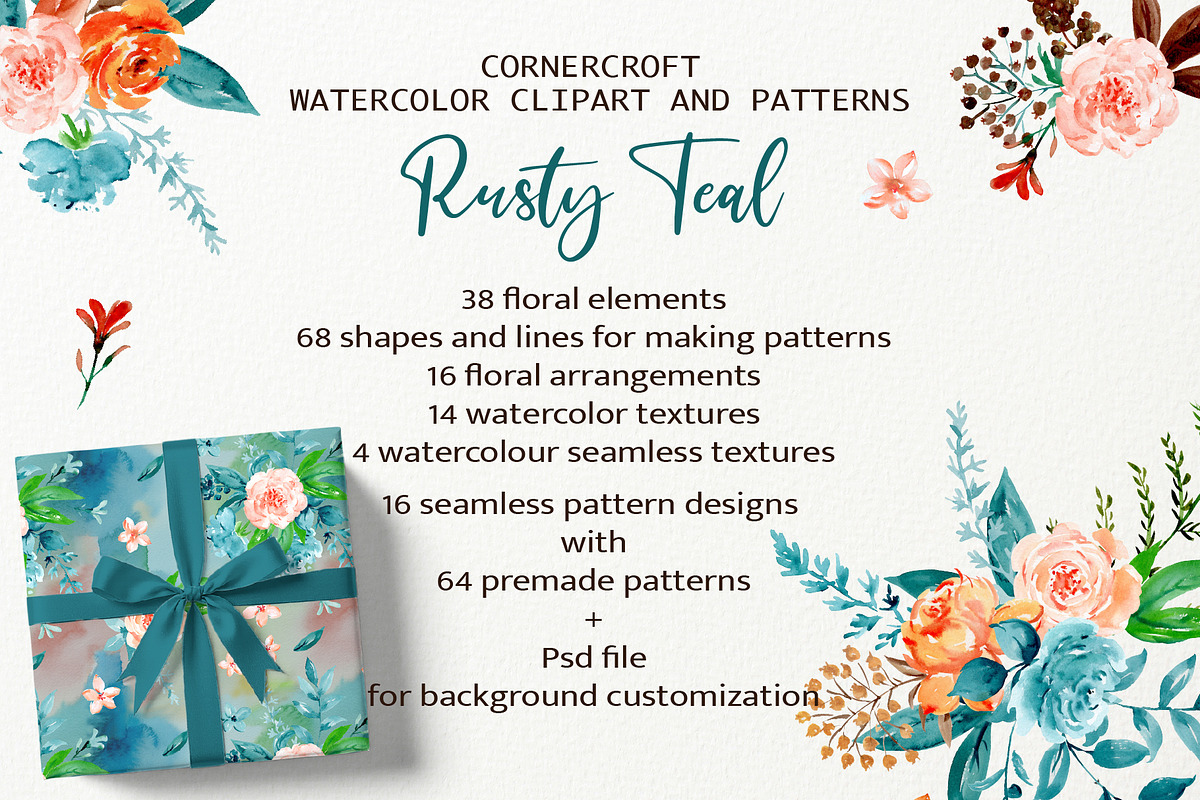Rusty Teal Floral Clipart & Patterns, an Illustration by Corner Croft (Photo 1 of 13)