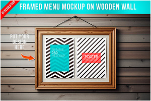 Framed Menu On Wooden Wall PSD, a Product Mockup by Bruno's Shop