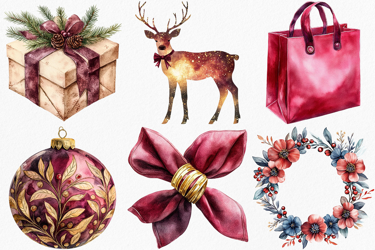 Elegant Burgundy Christmas Clipart, an Illustration by Canvas Craft (Photo 3 of 7)
