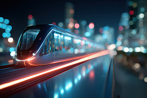 Futuristic train in a vibrant city at night, a Transportation Photo by AlyaAnd